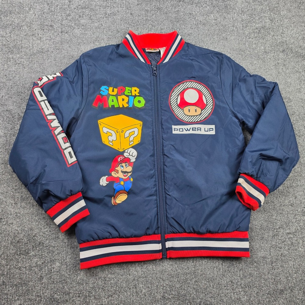 Super Mario Bros Kids Navy Blue Quilted Bomber Jacket Mario Luigi Bowser 10/12